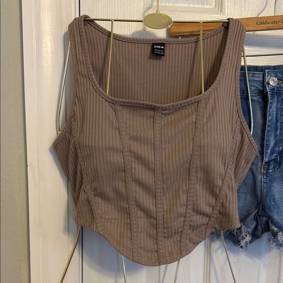 SHEIN Brown Ribbed Bustier Crop Tank Top & Short Set #113 - Picture 2 of 10